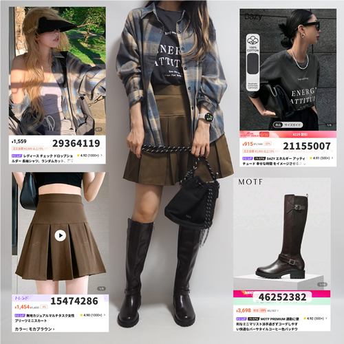 SHEINコーデシーインブルーチェックシャツブラウンミニスカート