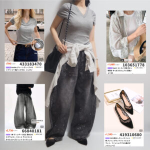 sheinグレーTシャツ+ワイドデニムパンツ