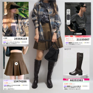 SHEINコーデシーインブルーチェックシャツブラウンミニスカート